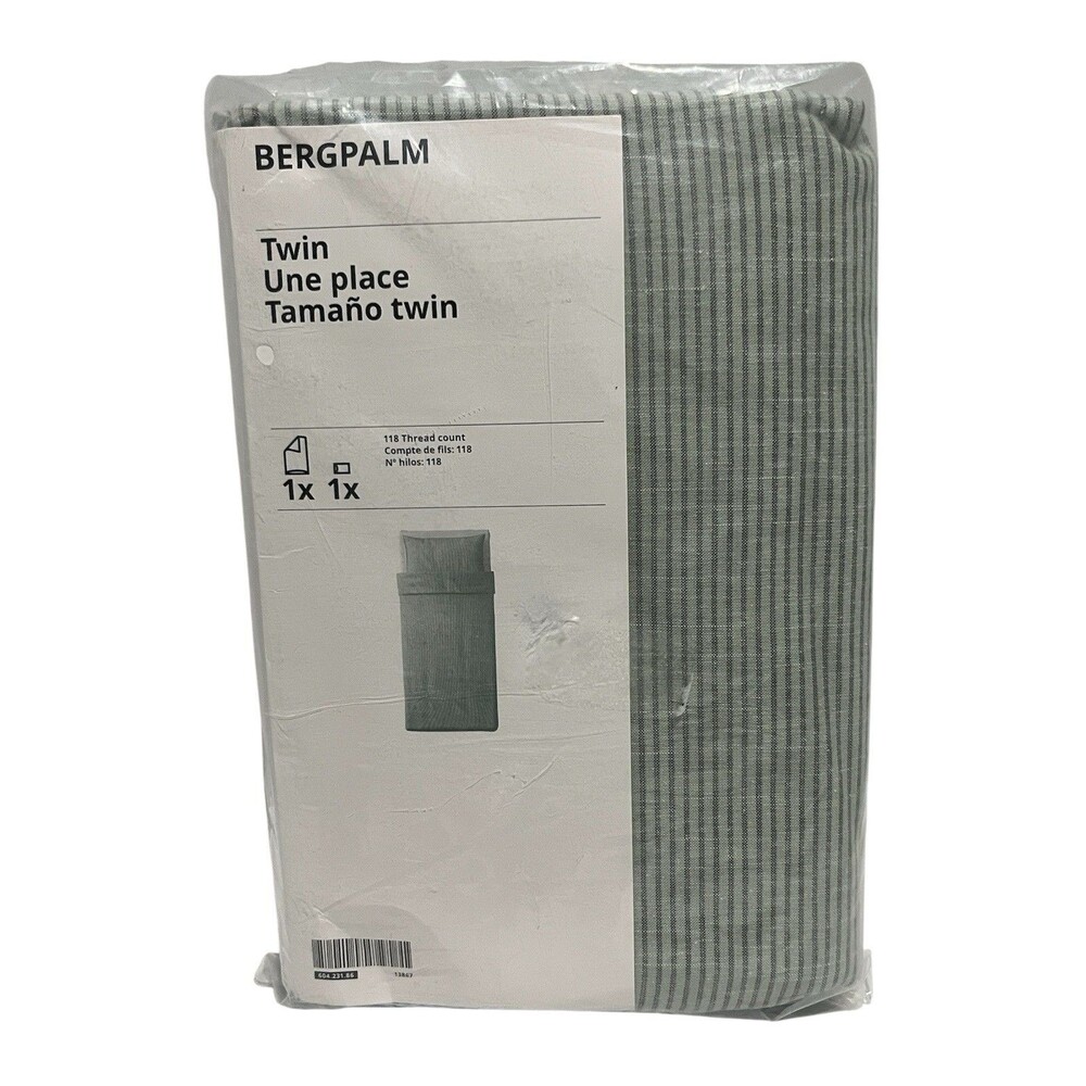 Ikea BERGPALM Twin Duvet and Sham Set Green Pinstripes Cotton 604.231.86 - NEW